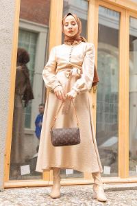 Modalamelif Fırfır Yakalı Belden Bağlamalı Elbise  Bej