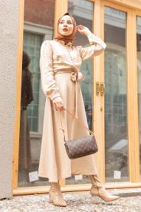 Modalamelif Fırfır Yakalı Belden Bağlamalı Elbise  Bej