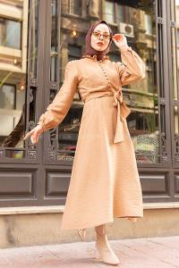 Modalamelif Fırfır Yakalı Belden Bağlamalı Elbise  Camel
