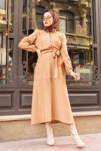 Modalamelif Fırfır Yakalı Belden Bağlamalı Elbise  Camel
