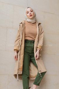 Modalamelif Kuş Gözlü Kapşonlu Uzun Kaban Bej