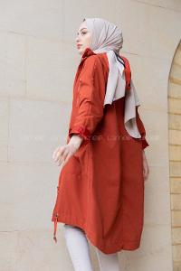 Modalamelif Kuş Gözlü Kapşonlu Uzun Kaban Kiremit