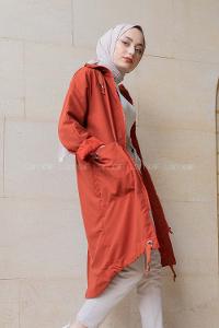 Modalamelif Kuş Gözlü Kapşonlu Uzun Kaban Kiremit