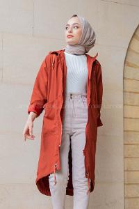 Modalamelif Kuş Gözlü Kapşonlu Uzun Kaban Kiremit