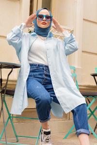 Modalamelif Önü Düğmeli Yan Cepli Gömlek Buz Mavisi