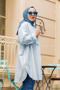 Modalamelif Önü Düğmeli Yan Cepli Gömlek Buz Mavisi