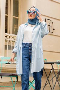 Modalamelif Önü Düğmeli Yan Cepli Gömlek Buz Mavisi