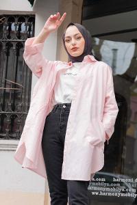 Modalamelif Önü Düğmeli Yan Cepli Gömlek Pudra