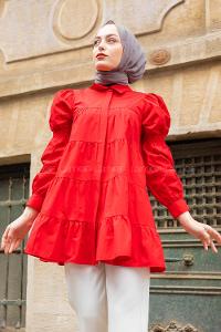 Modalamelif Önü Gizli Düğmeli Katlı Gömlek Kırmızı