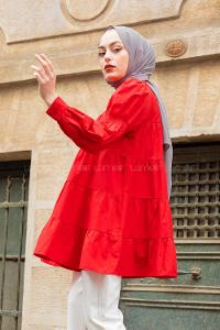 Modalamelif Önü Gizli Düğmeli Katlı Gömlek Kırmızı