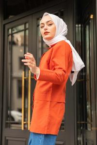 Modalamelif Önü Katlı Keten Gömlek Kiremit