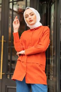 Modalamelif Önü Katlı Keten Gömlek Kiremit