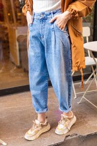 Modalamelif Paçası Pensli Baggy Jean Buz Mavisi