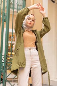 Modalamelif Reglan Kol Detaylı Kapşonlu Kaban Haki