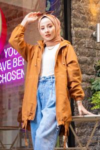 Modalamelif Reglan Kol Detaylı Kapşonlu Kaban Tarçın