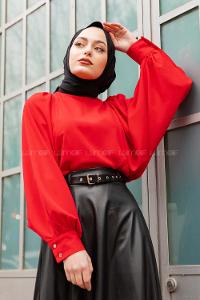 Modalamelif Büzgülü Balon Kol Bluz Kırmızı