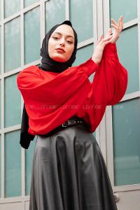 Modalamelif Büzgülü Balon Kol Bluz Kırmızı