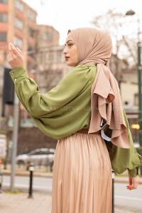 Modalamelif Büzgülü Balon Kol Bluz Yeşil