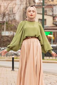 Modalamelif Büzgülü Balon Kol Bluz Yeşil