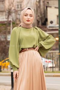 Modalamelif Büzgülü Balon Kol Bluz Yeşil