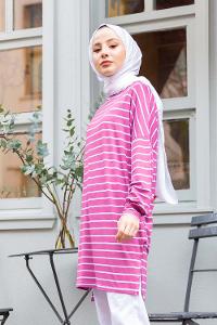 Modalamelif İnce Beyaz Çizgili Tunik Lila