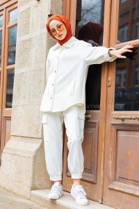Modalamelif Önü Çıtçıt Düğmeli  İkili Takım Beyaz