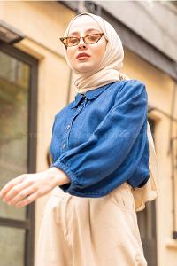 Modalamelif  Önü Düğmeli Balon Kol Kot Gömlek