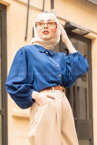 Modalamelif  Önü Düğmeli Balon Kol Kot Gömlek