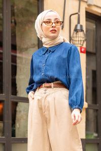 Modalamelif  Önü Düğmeli Balon Kol Kot Gömlek