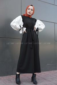 Lamelif Balon Kol Kemerli  Tesettür Elbise Siyah