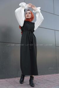 Lamelif Balon Kol Kemerli  Tesettür Elbise Siyah