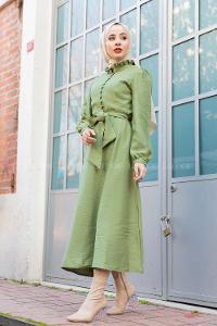 Modalamelif Fırfır Yakalı Belden Bağlamalı Elbise Haki