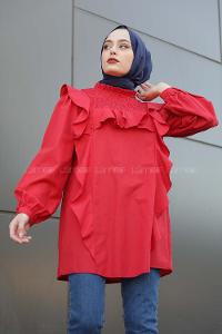 Modalamelif Fırfırlı Yaka Gipeli Tunik Kırmızı