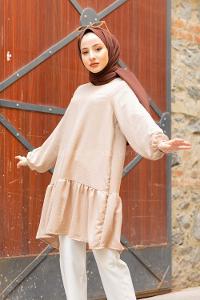 Modalamelif Kol Lastikli Eteği Fırfırlı Tunik Taş Rengi