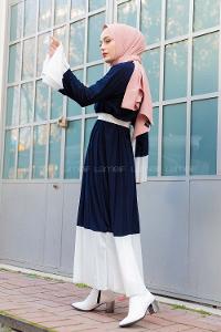 Modalamelif Lacivert Çingene Model Beyaz Geçişli Kemerli Elbise