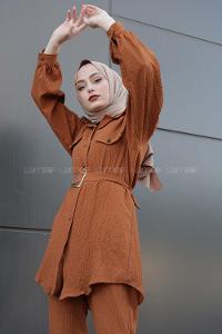 Modalamelif Önü Düğmeli Kemerli İkili Takım Taba