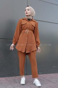 Modalamelif Önü Düğmeli Kemerli İkili Takım Taba