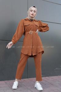 Modalamelif Önü Düğmeli Kemerli İkili Takım Taba