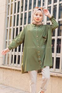 Modalamelif Önü Düğmeli Tek Cepli Gömlek Haki