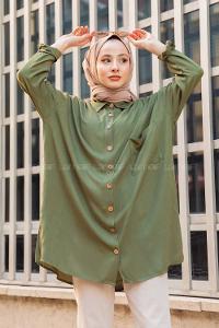 Modalamelif Önü Düğmeli Tek Cepli Gömlek Haki