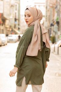 Modalamelif Önü Düğmeli Tek Cepli Gömlek Haki