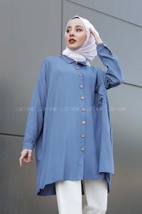 Modalamelif Önü Düğmeli Tek Cepli Gömlek İndigo