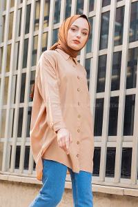 Modalamelif Önü Düğmeli Tek Cepli Gömlek Sütlü Kahve