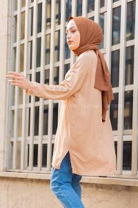 Modalamelif Önü Düğmeli Tek Cepli Gömlek Sütlü Kahve