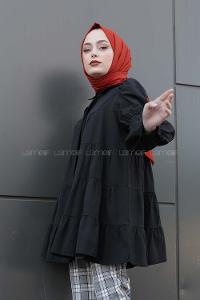 Modalamelif Önü Gizli Düğmeli Katlı Gömlek Siyah