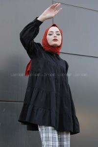 Modalamelif Önü Gizli Düğmeli Katlı Gömlek Siyah