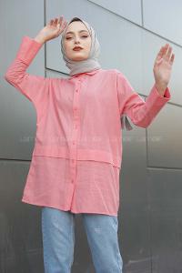 Modalamelif Önü Katlı Keten Gömlek Şeker Pembesi