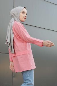 Modalamelif Önü Katlı Keten Gömlek Şeker Pembesi