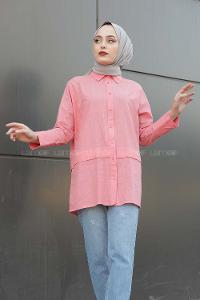 Modalamelif Önü Katlı Keten Gömlek Şeker Pembesi