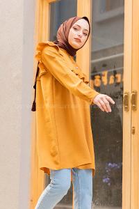Modalamelif Önü Yarım Düğmeli Fırfır Detaylı Tunik Camel